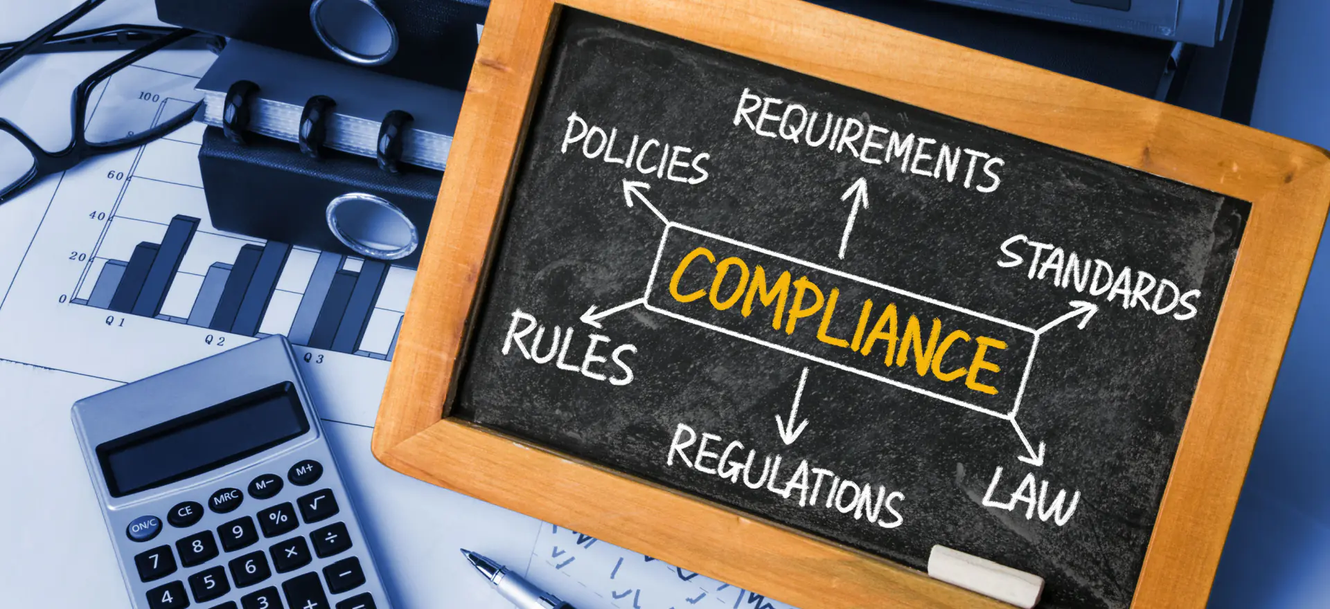 Chalkboard with “COMPLIANCE” written in yellow, surrounded by arrows pointing to related terms including policies, rules, regulations, law, standards, and requirements.