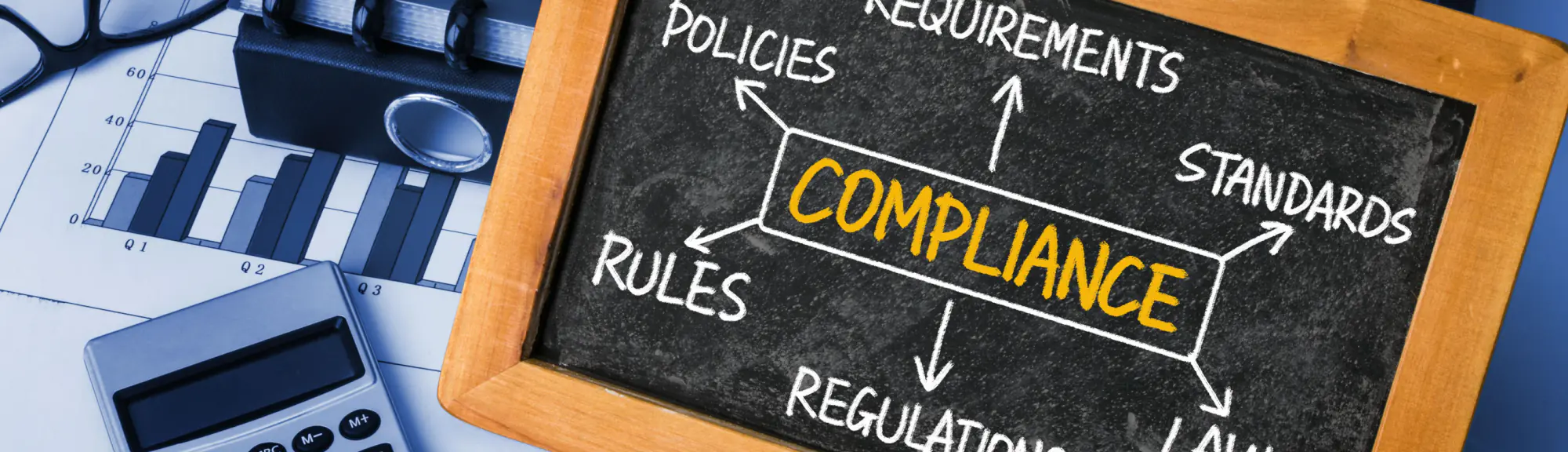 Chalkboard with “COMPLIANCE” written in yellow, surrounded by arrows pointing to related terms including policies, rules, regulations, law, standards, and requirements.