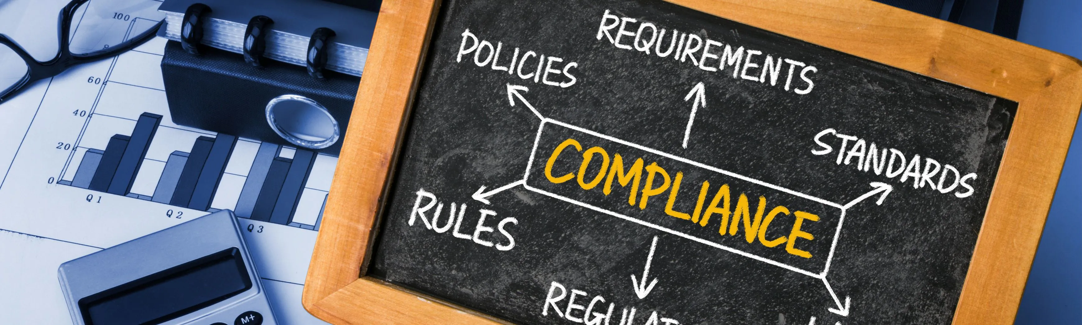 Chalkboard with “COMPLIANCE” written in yellow, surrounded by arrows pointing to related terms including policies, rules, regulations, law, standards, and requirements.